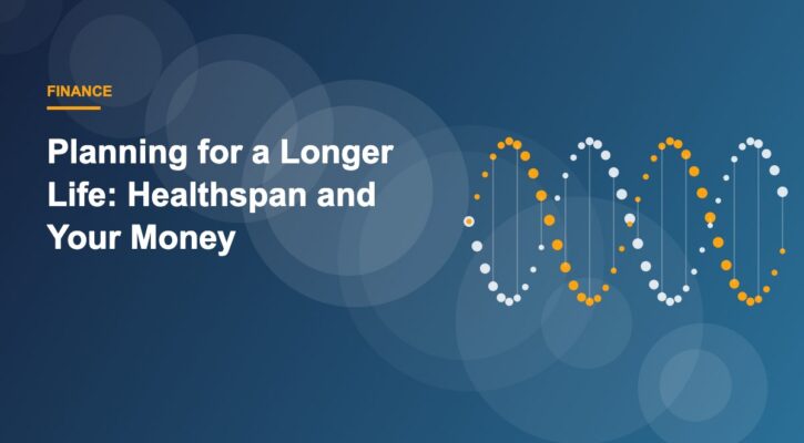 Illustration of a house and rising savings chart alongside a DNA helix representing longevity and financial planning